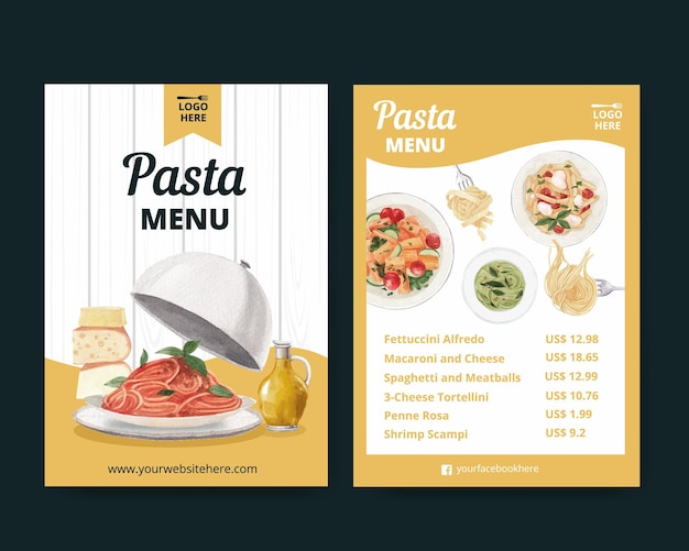 Menu template with pasta cancept,watercolor style