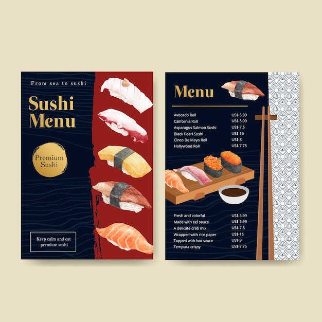 Vettore modello di menu con concetto di sushi premium, stile acquerello