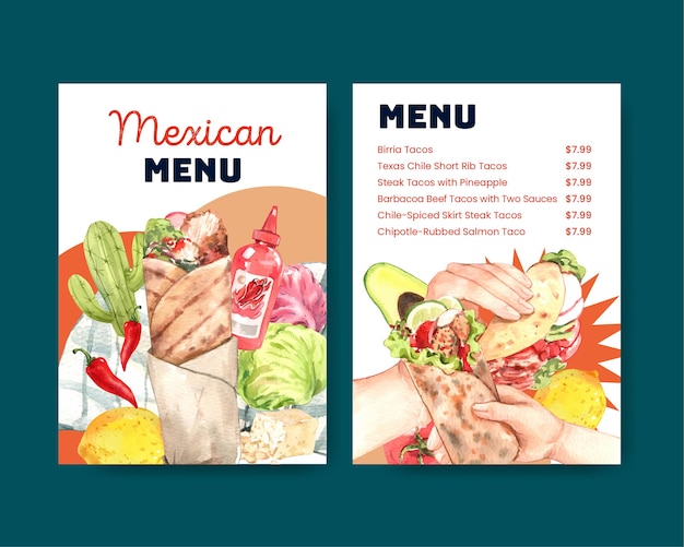 Menu template with taco day conceptwatercolor style