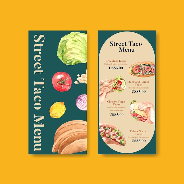 Menu template with taco day conceptwatercolor style