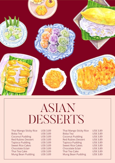 Menu template with thai dessert conceptwatercolor style