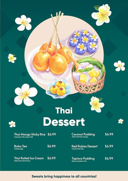 Menu template with thai dessert conceptwatercolor style