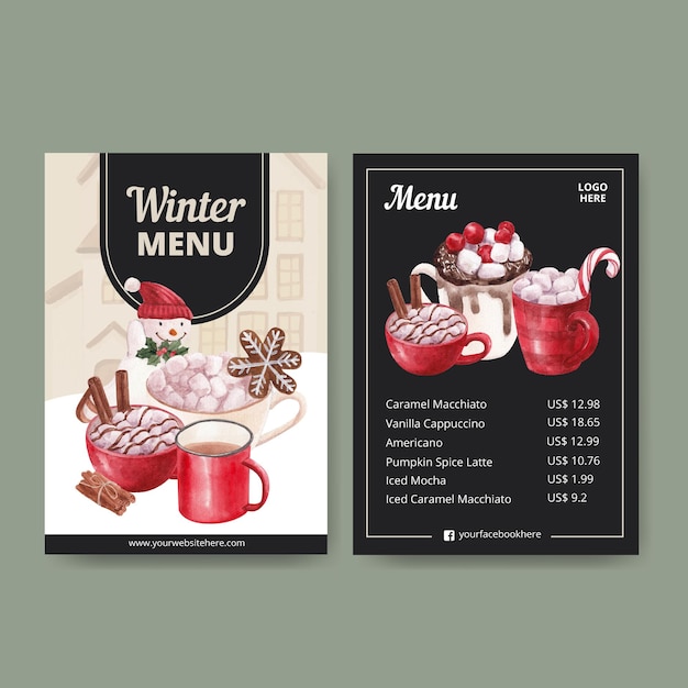 Vector menu template with winter living concept,watercolor style