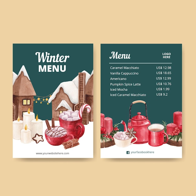 Modello di menu con concetto di vita invernale, stile acquerello