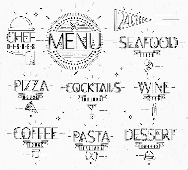 Menu in linee di stile moderno vintage disegnate