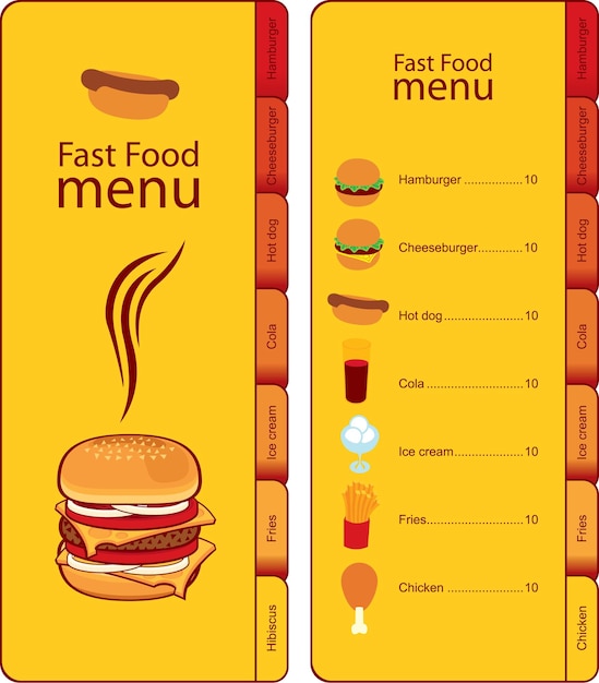 menu voor fastfood met verschillende gerechten