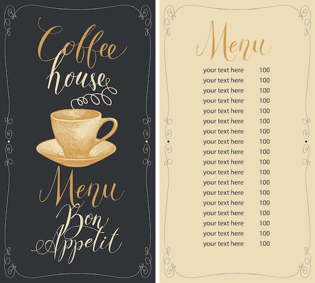 menu with a cup of coffee and price list