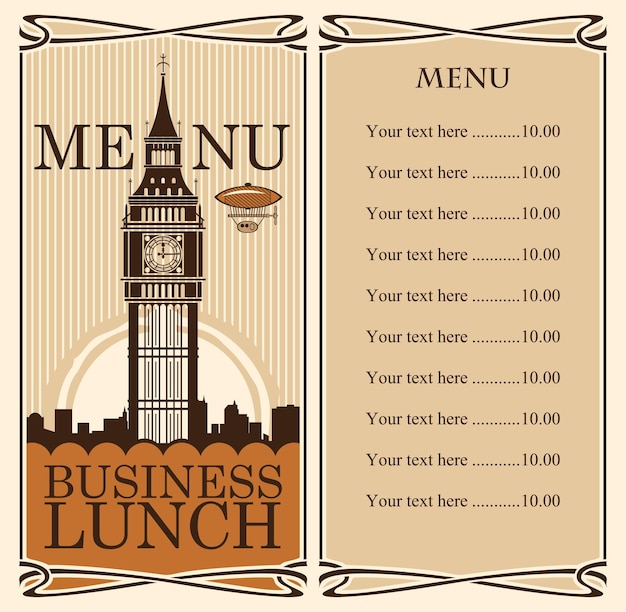 Vector menu with price list for business lunch and big ben