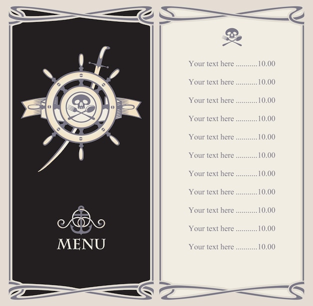 menu with price list for a pirate restaurant