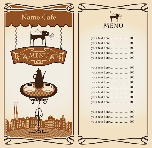 Vector menu with a price list for a street cafe