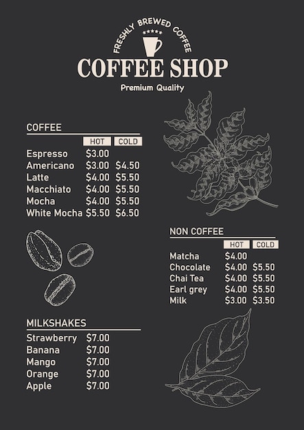 menu with prices for coffee and desserts