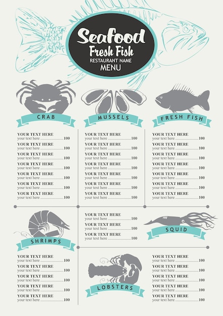 Vector menu with prices for seafood restaurant