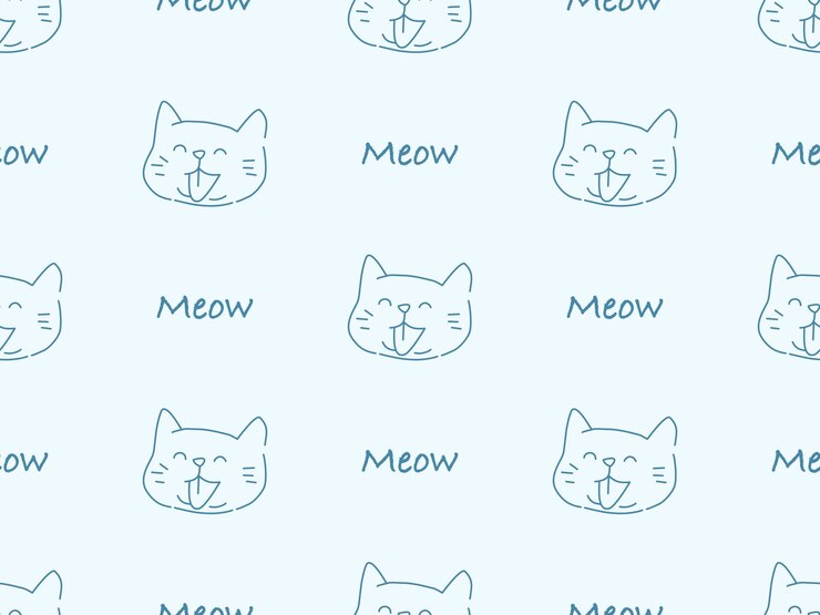 Vector meow cartoon character seamless pattern on blue background