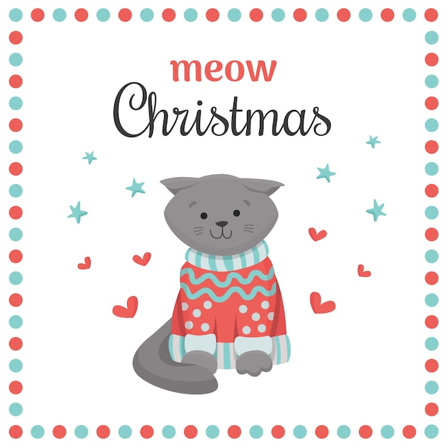 Meow christmas card with cute scottish fold cat in knitted sweater.