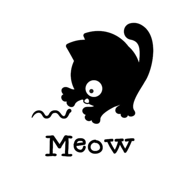 Meow. Funny black kitten playing with a worm.