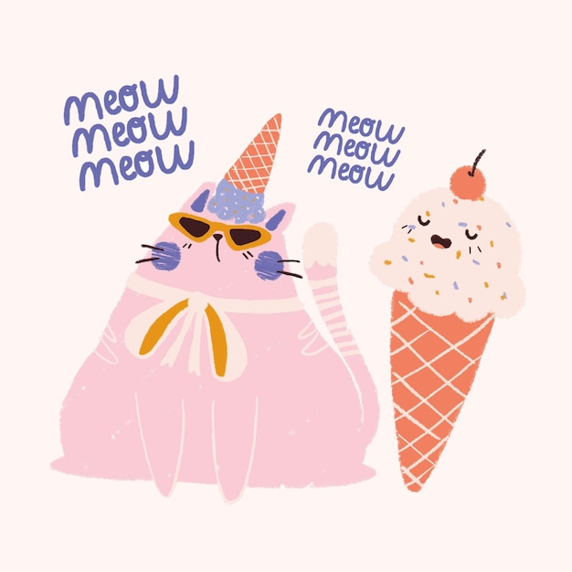 Vettore illustrazione di meow meow cat e gelato