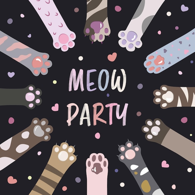 Vector meow party cute cat paws funny invitation