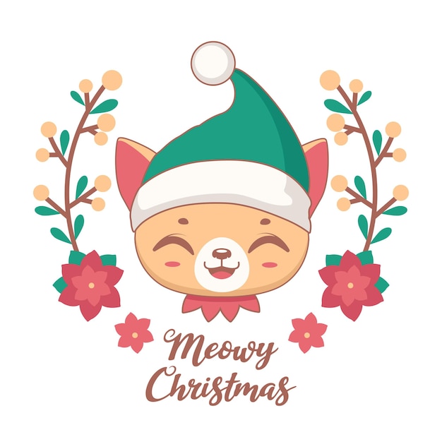 サンタの帽子をかぶったかわいい陽気な猫とのMeowyクリスマスの挨拶