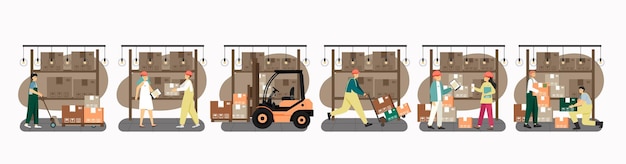 Merchandise warehouse workers loaders forklift loading cart cardboard boxes storage services vector ...