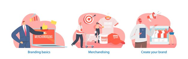 Вектор Мерчандайзинг и брендинг включают в себя стратегические мероприятия, которые продвигают и продают продукты, создавая сильную идентичность бренда.
