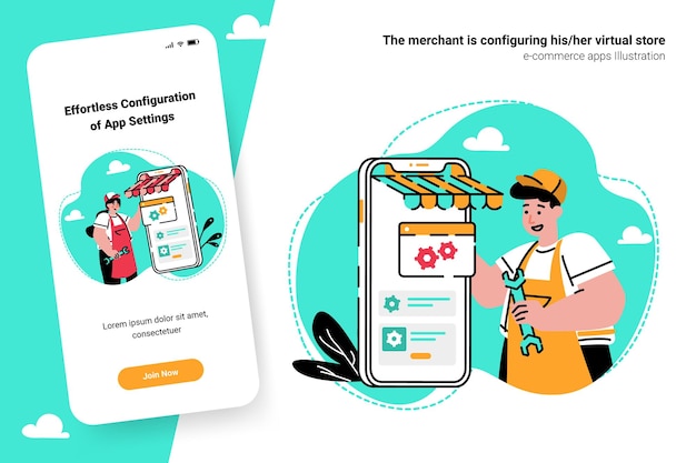 Vettore il commerciante sta configurando il suo negozio virtuale sulla piattaforma di e-commerce