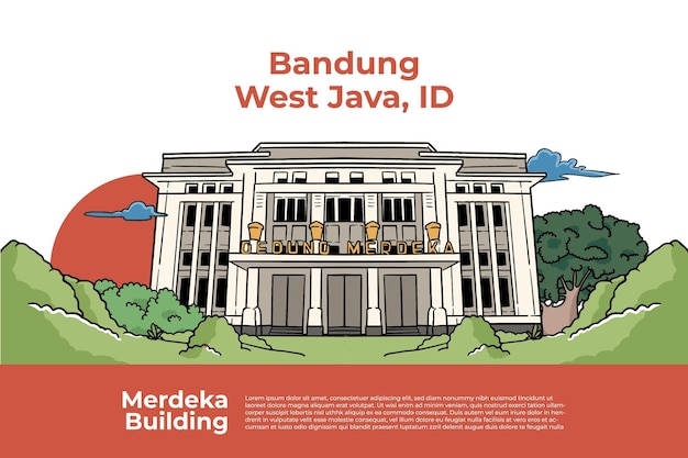 Merdeka building illustrazione edificio storico del movimento non allineato sfondo di culture indonesiane disegnate a mano