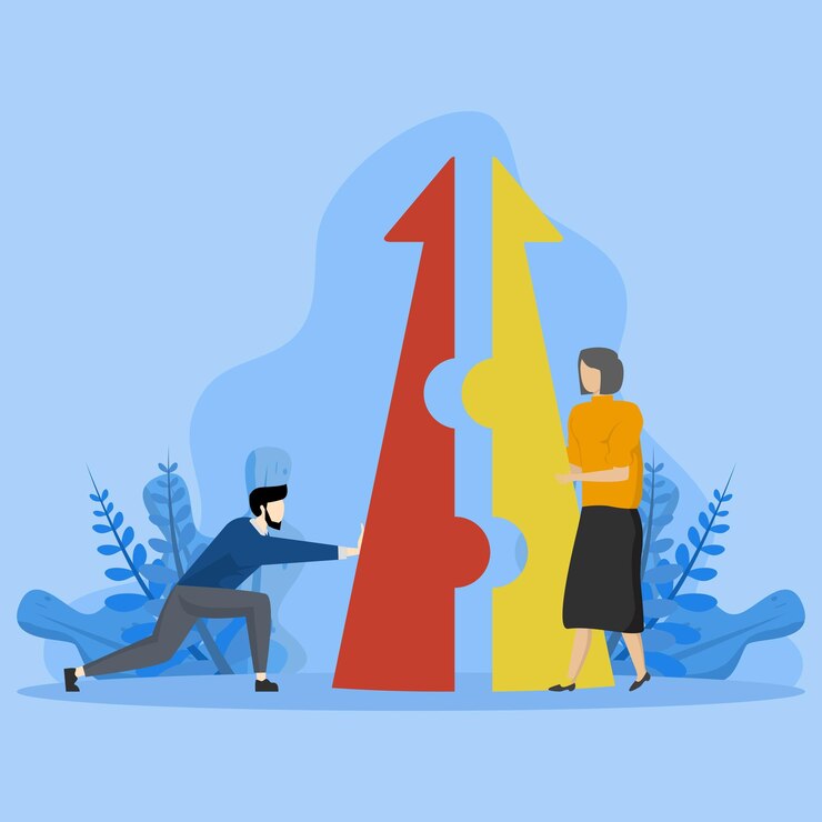 Vector merger and acquisition, growth or cooperation solution, support or progress challenge concept,