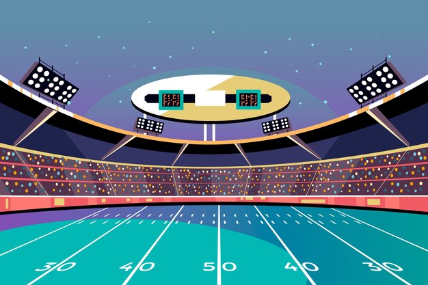 Campo dell'arena di football americano con luci luminose dello stadio