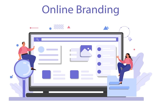 Vector merkcreatie online service of platform marketingspecialist ontwerp bedrijfspresentatie en creatieve identiteit online branding platte vectorillustratie