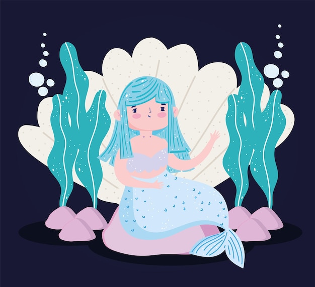 Vector mermaid blue hair seashell and seaweed, cartoon illustration