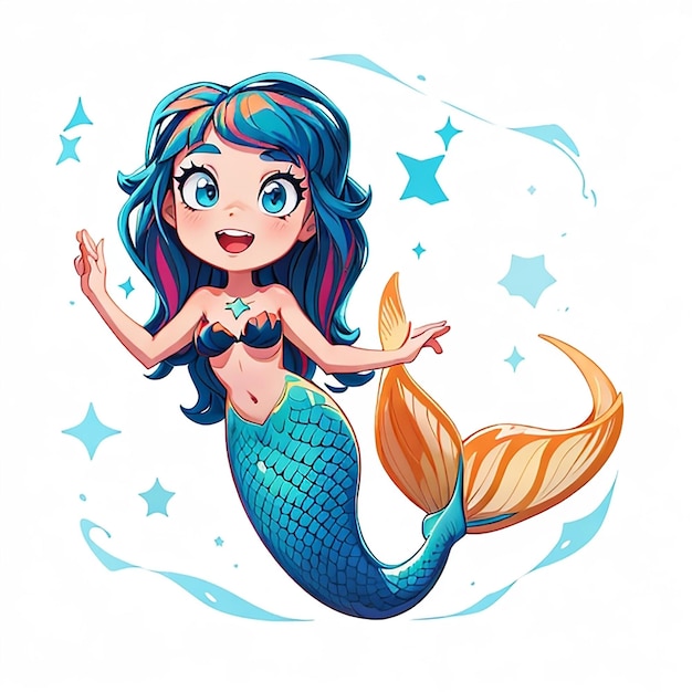 Mermaid blue tail red hair Vector illustration