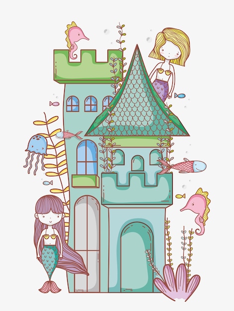 Mermaid on castle cute cartoon