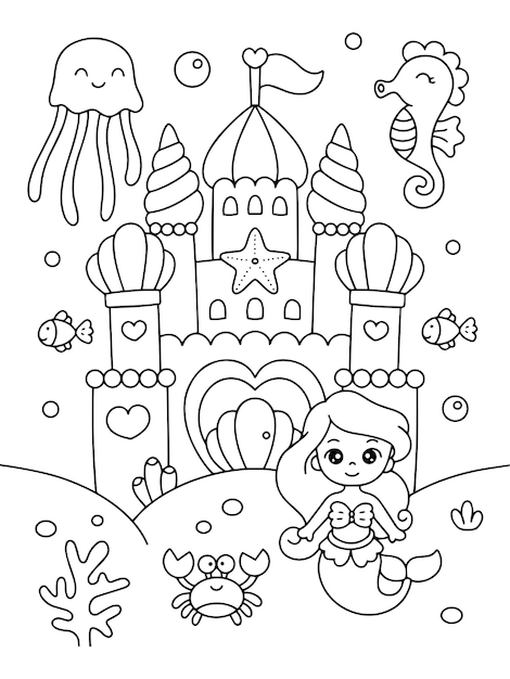 Vector mermaid castle underwater coloring page illustration