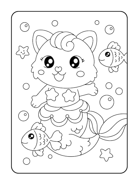 Vector mermaid cat coloring page illustration