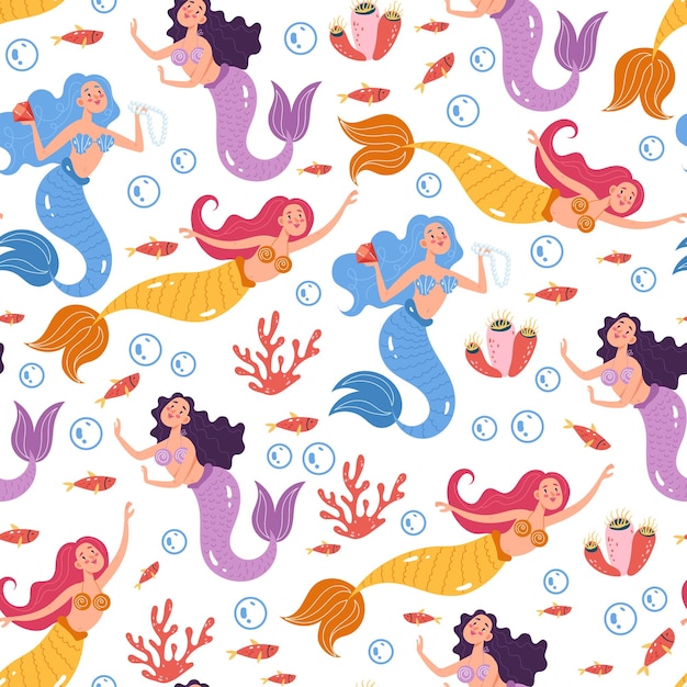 Mermaid characters seamless pattern flat cartoon graphic design illustration