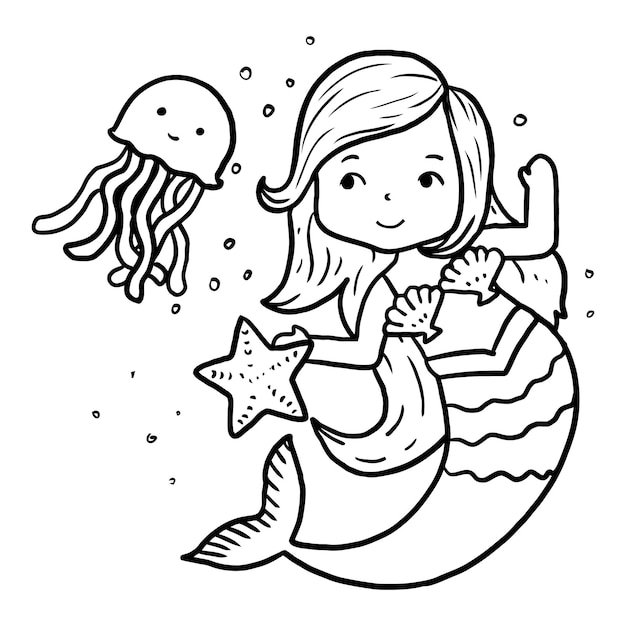 Mermaid coloring book page for kids line art vector blank printable design for children to fill in