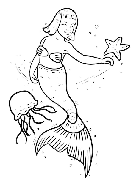 Vector mermaid coloring book page for kids line art vector blank printable design for children to fill in