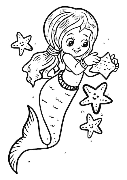 Mermaid coloring book page for kids line art vector blank printable design for children to fill in