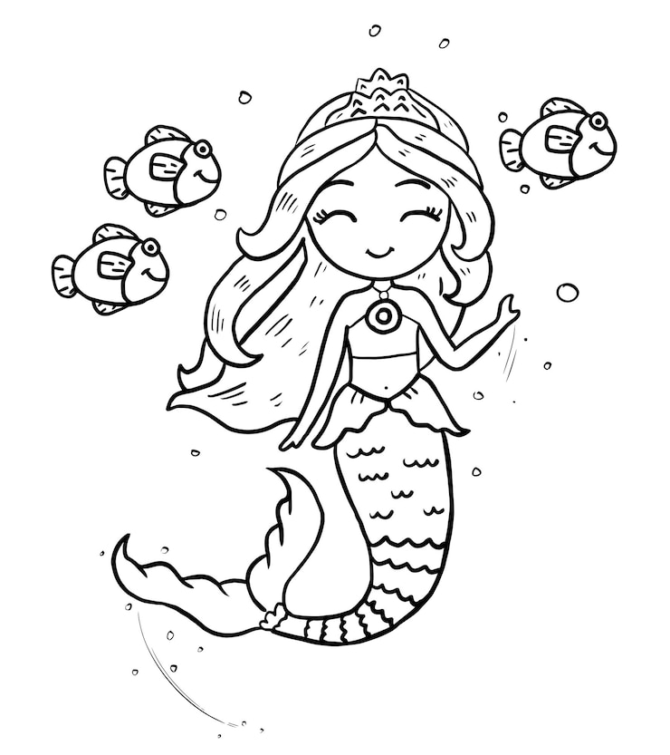子供のための人魚の塗り絵ページ線画ベクトル空白の印刷可能なデザイン子供が記入する
