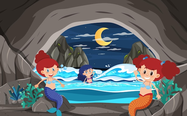 Mermaid family in the cave scene