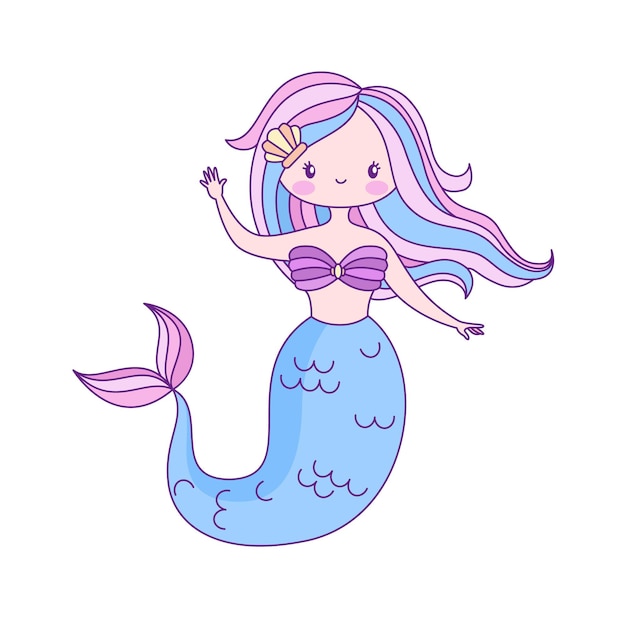 Mermaid flat cartoon little character. cute underwater princess with fish tail in blue and purple colors, adorable ocean fantasy creature, myth of kids fairy tale, vector single isolated illustration