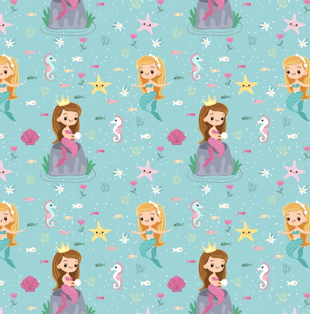 Vector mermaid and friend seamless pattern