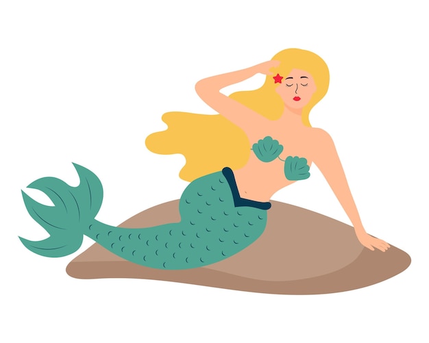 Mermaid girl sitting on a stone Beautiful siren Fairytale mystical woman with fish tail