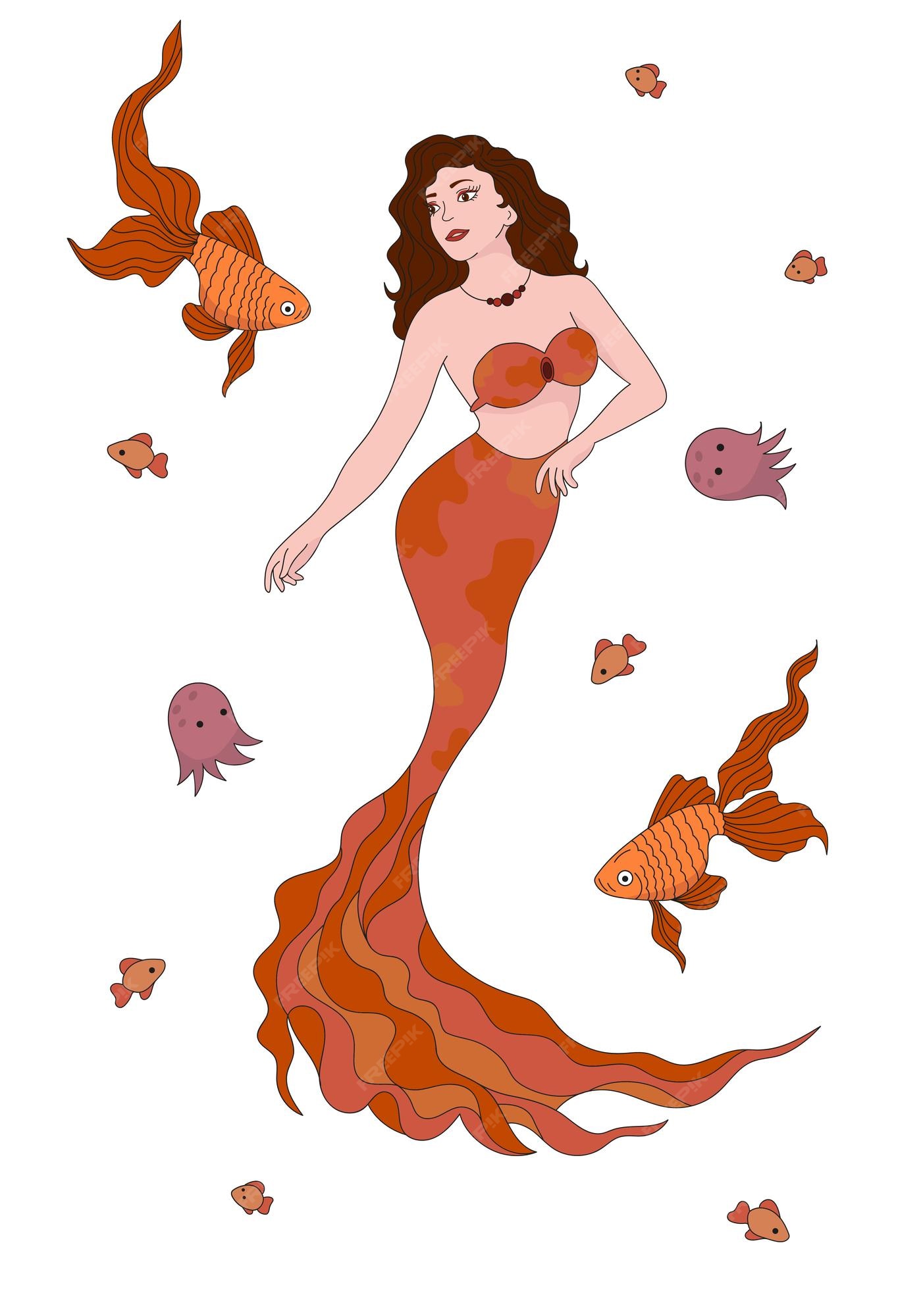 Premium Vector | Mermaid with brown hair orange tail. around inhabitants, jellyfish, fish