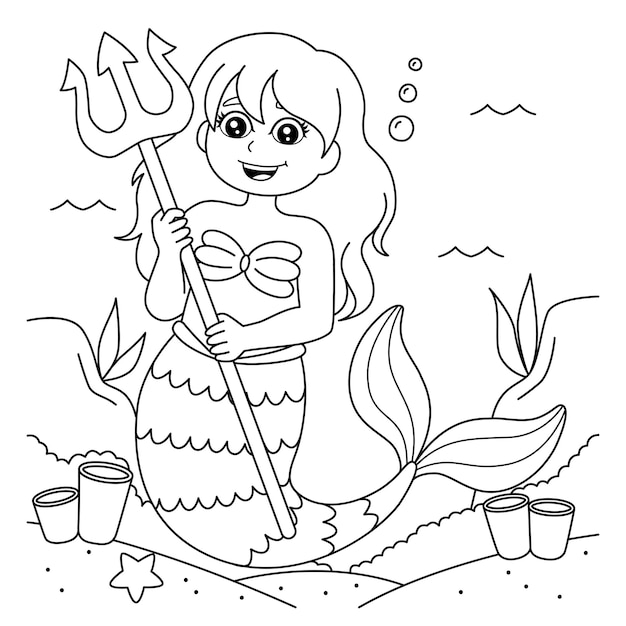 Mermaid Holding Trident Coloring Page for Kids