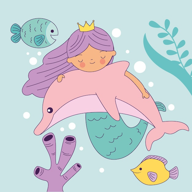 Mermaid hugging dolphin into sea bottom with fishes cartoon