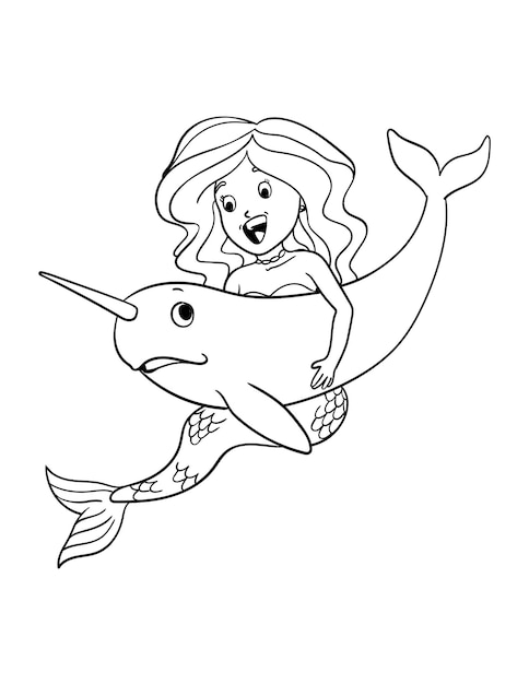 Mermaid and Hugging Narwhal Isolated Coloring Page
