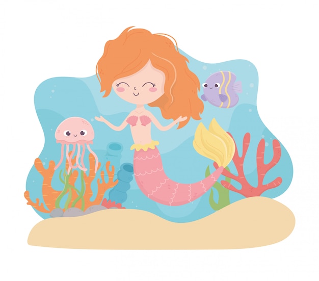 海のベクトル図の下の人魚クラゲ魚サンゴ砂漫画