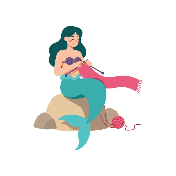 Vector mermaid knitting a colorful scarf on a rock in a whimsical flat vector illustration