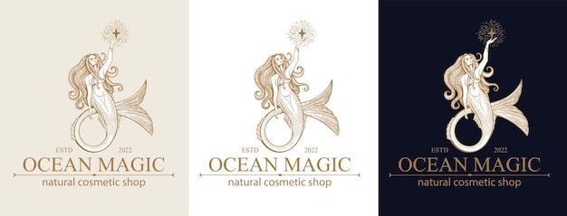 Логотип русалки Векторная иллюстрация шаблона бренда Сирена и морская девушка с хвостом Винтаж Ручной рисунок векторной иллюстрации для логотипа и плаката